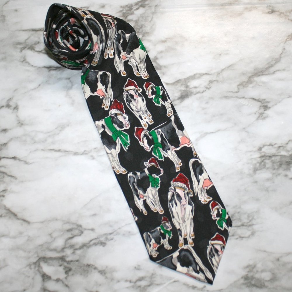 ADDICTION Christmas Cow Holiday Neck Tie Holstein Stocking Cap Silk Menswear